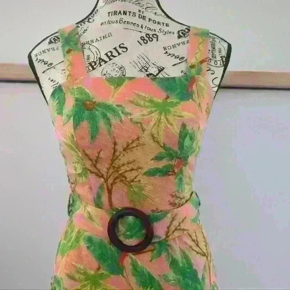 MONTEAU | Women's Peach/Pink  Tropical Linen Blend Belted Midi Sun Dress - Picture 2 of 6